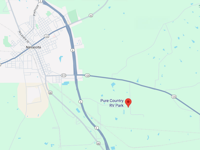 Google Map of Pure Country RV Park located at 9739 County Rd 415, Navasota, TX 77868, USA.

